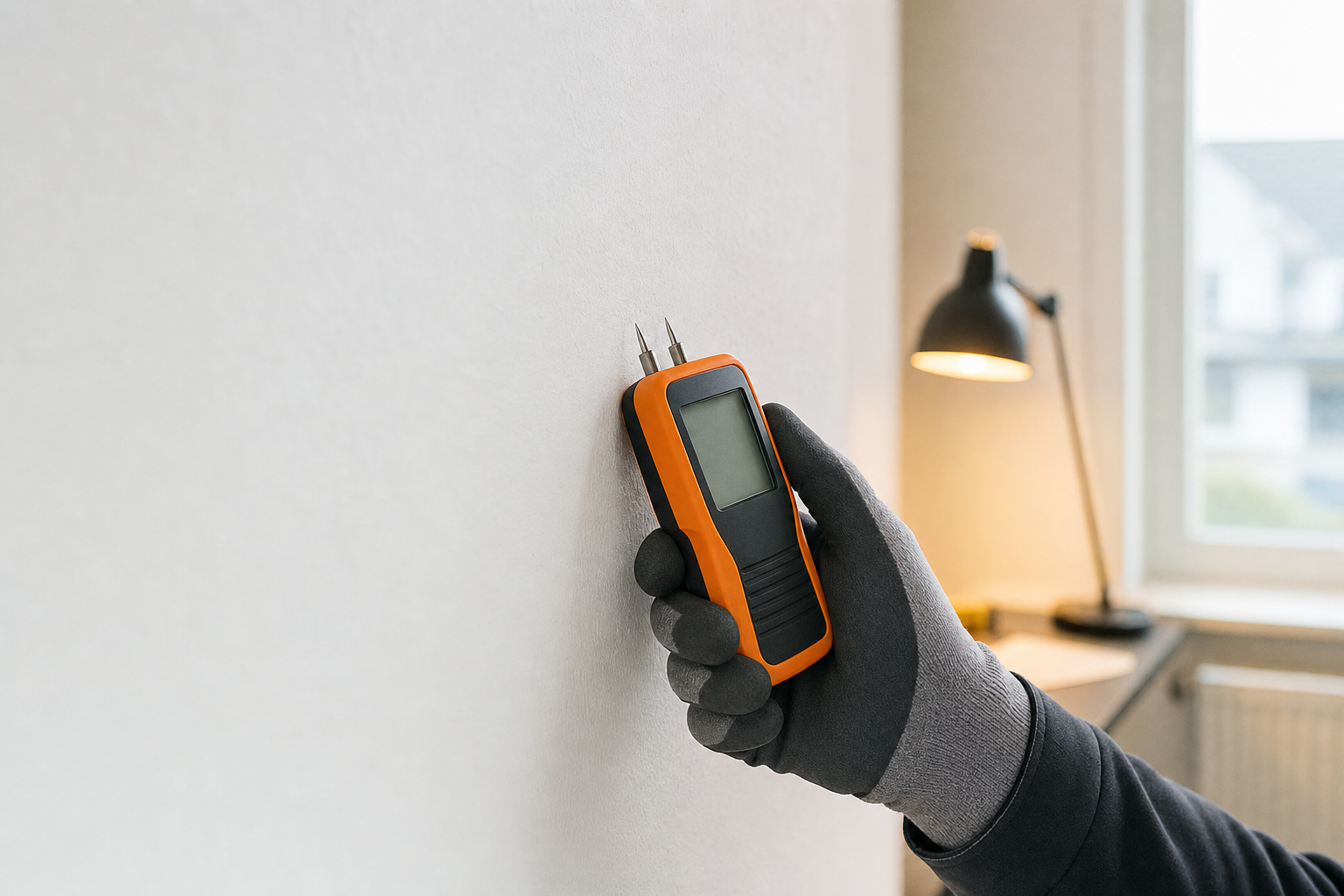 Feuchtemessung an einer Wand mit professionellem Messgerät