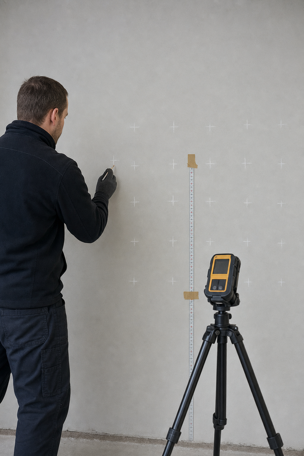 Wand mit Messpunkt-Markierungen und Feuchtemessgerät auf Stativ