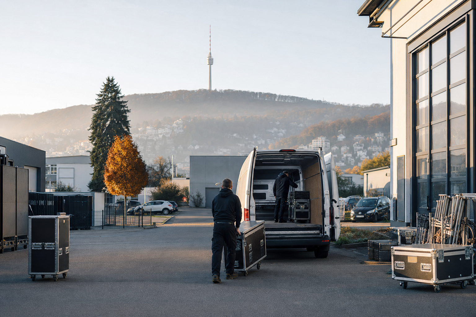 Betriebshof in Stuttgart: Gerätekoffer werden in einen weißen Transporter geladen
