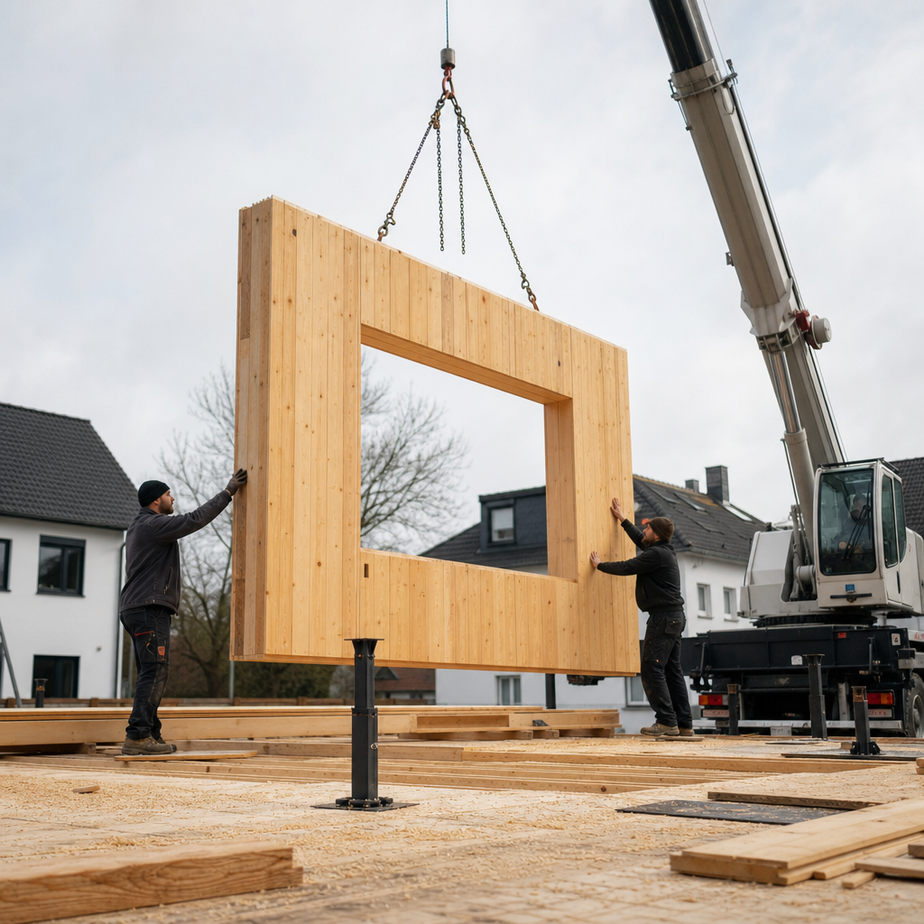 Kran hebt ein vorgefertigtes Holzrahmen-Element auf die Baustelle