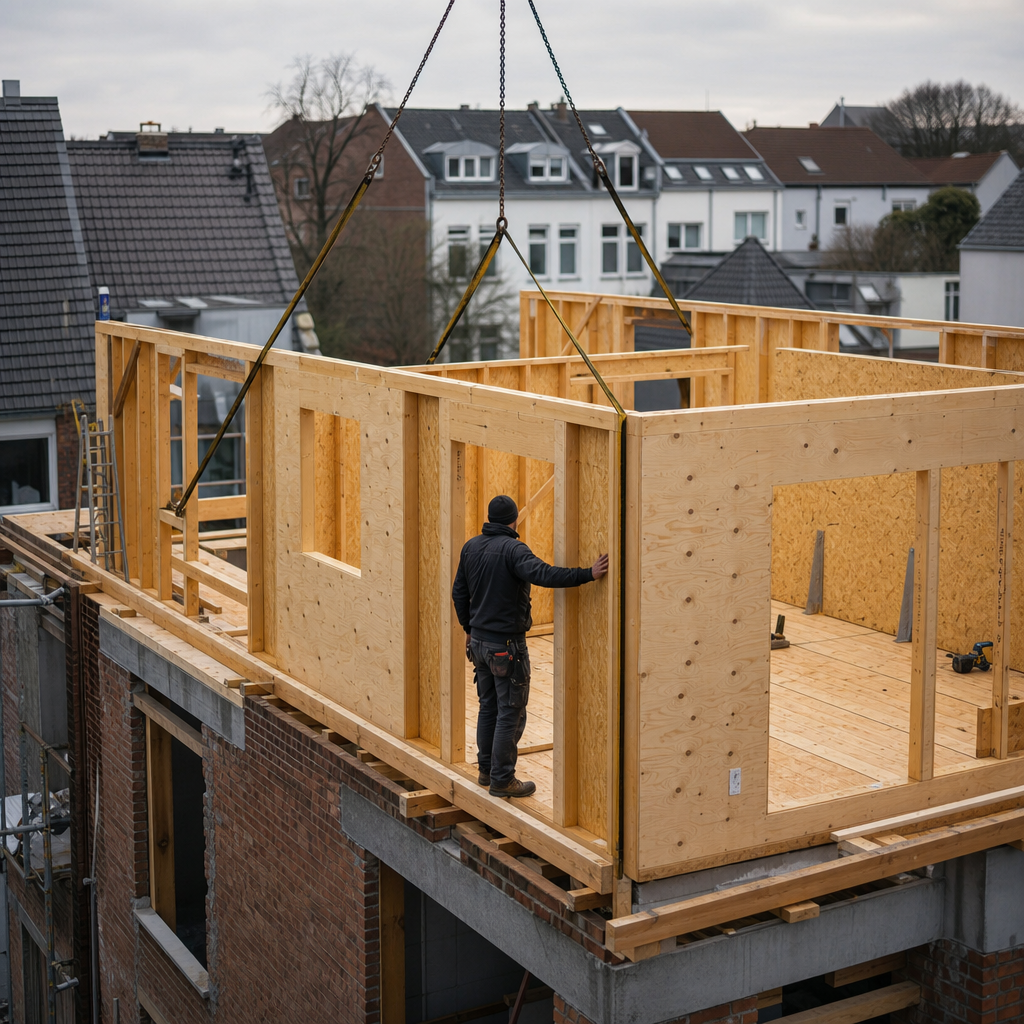 Aufstockung in Holzrahmenbau wird per Kran auf ein bestehendes Haus gesetzt