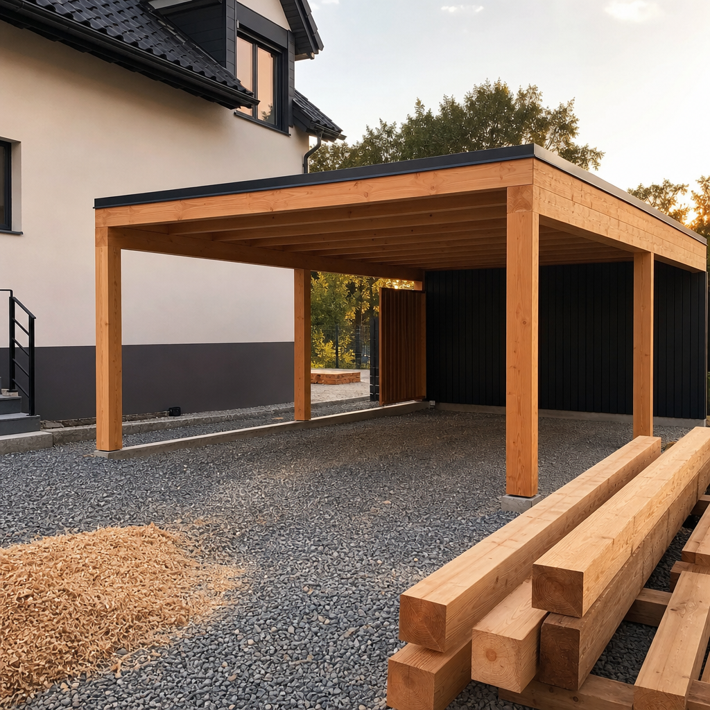 Fertiger Carport aus Holz neben einem Wohnhaus