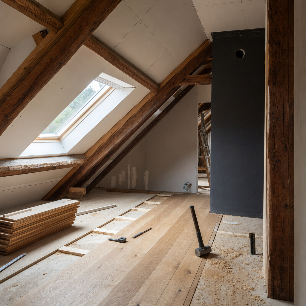 Ausgebautes Dachgeschoss mit sichtbaren Balken und Holzdielen