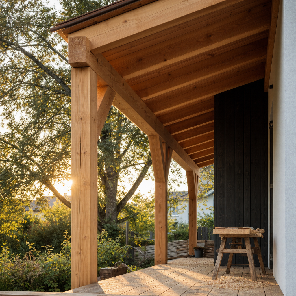 Terrassenüberdachung aus Lärchenholz an einem Wohnhaus