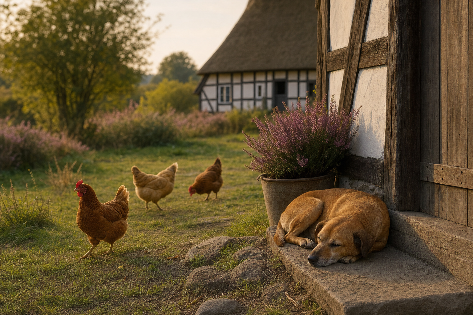 Freilaufende Hühner auf der Hofwiese, Hofhund döst auf der Schwelle