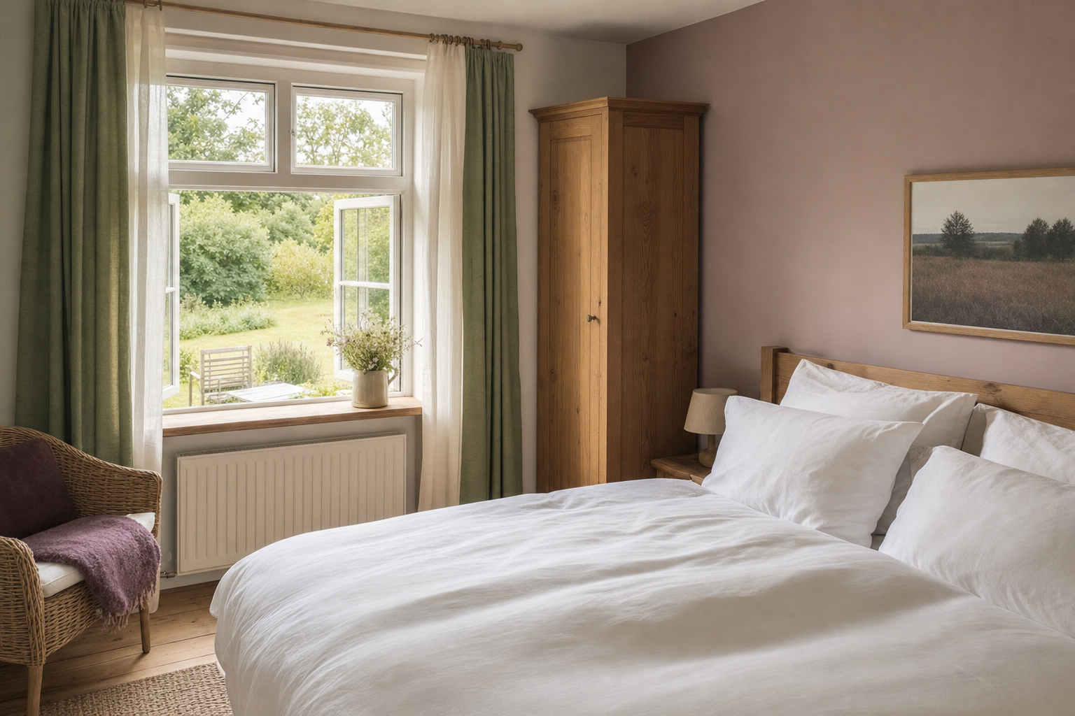 Schlafzimmer mit Doppelbett und Gartenblick