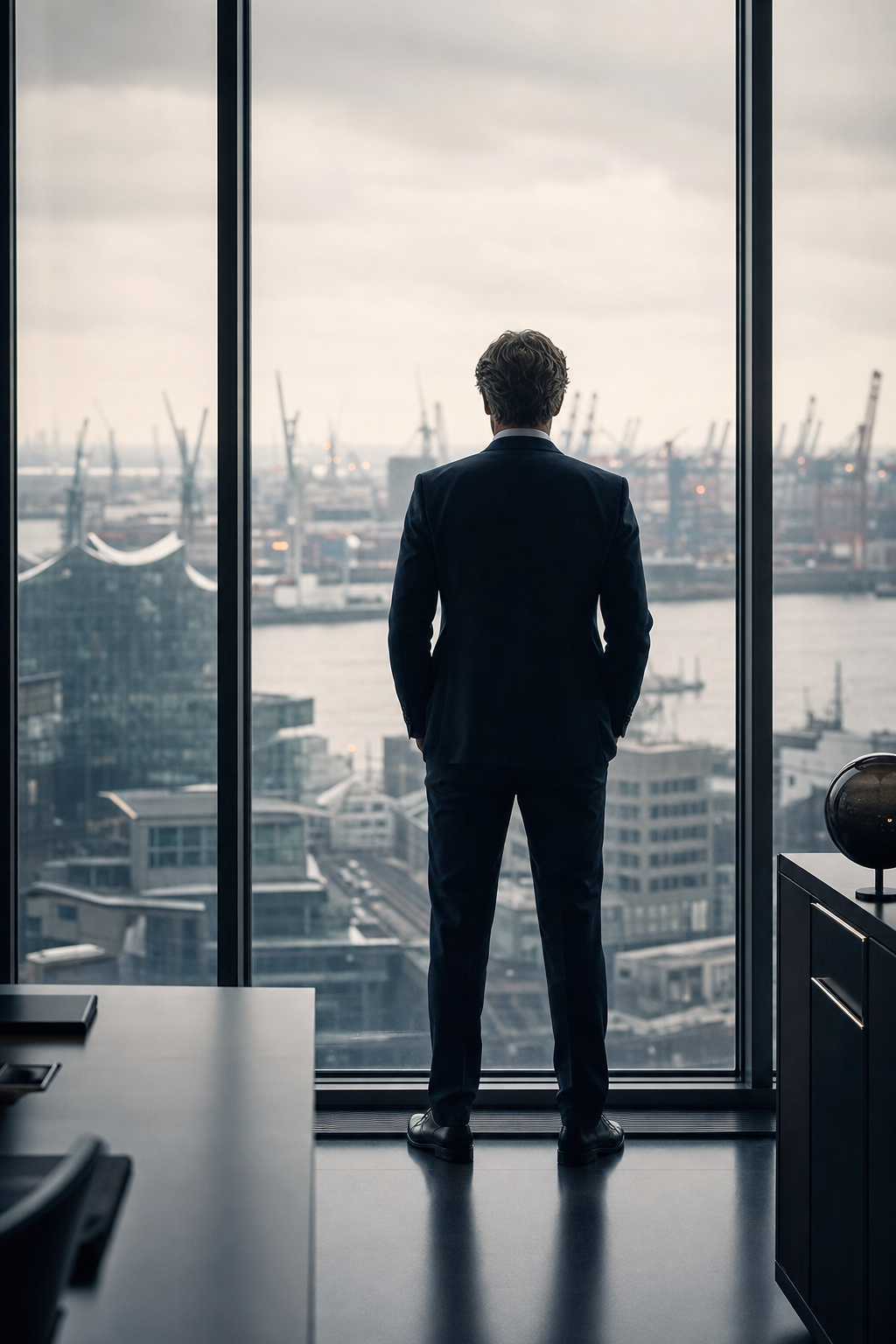 Person am Bürofenster mit Blick über den Hamburger Hafen