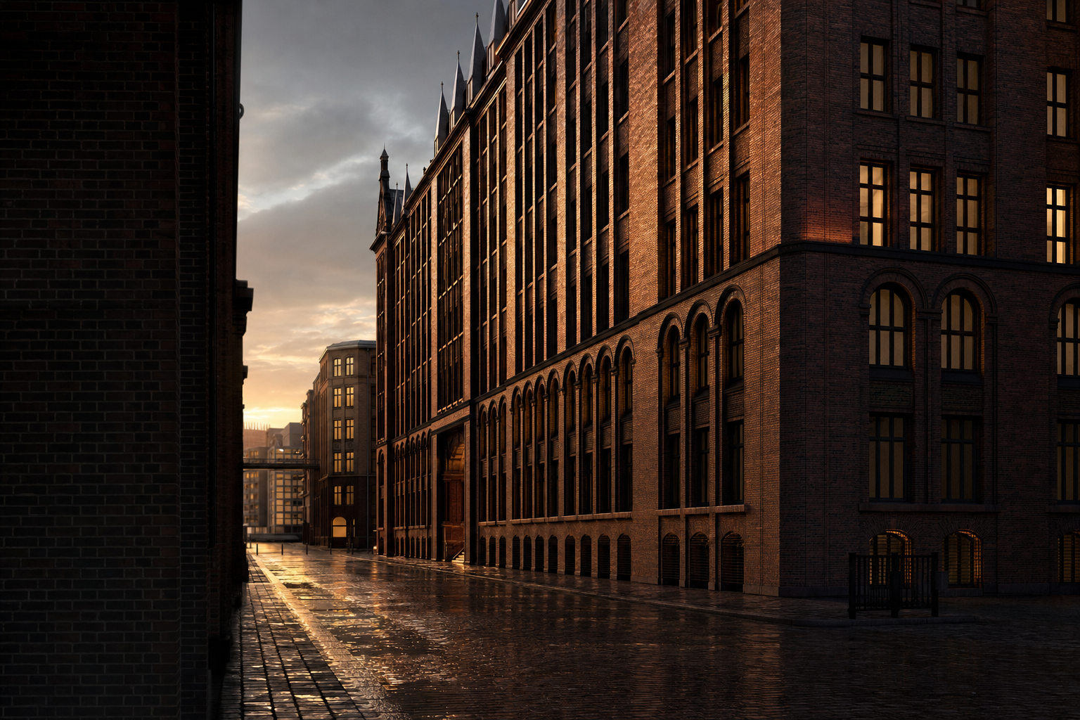 Hamburger Kontorhaus-Fassade in der Altstadt am Abend