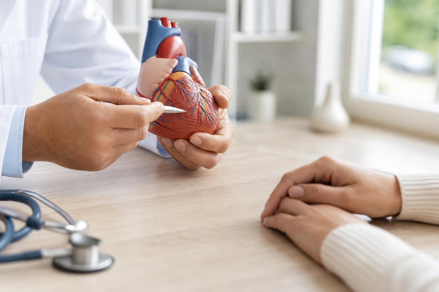 Hände eines Arztes erklären einem Patienten ein Herzmodell