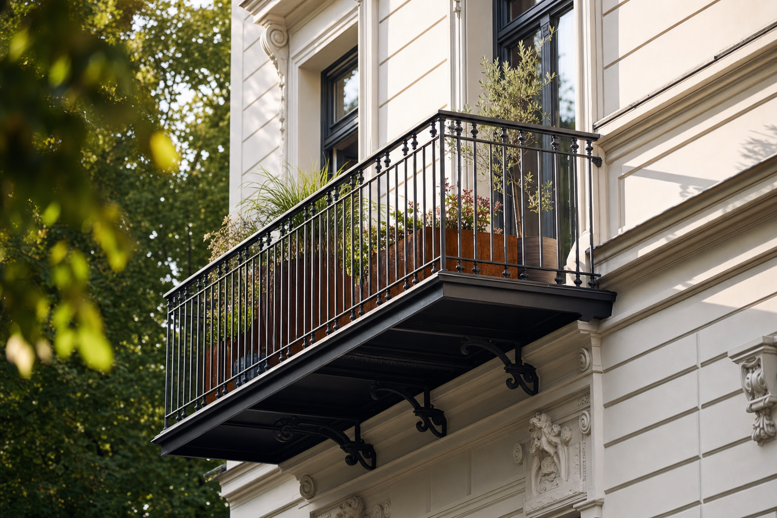 Geschmiedeter Stahlbalkon an einer Leipziger Gründerzeit-Fassade (Beispielmotiv)