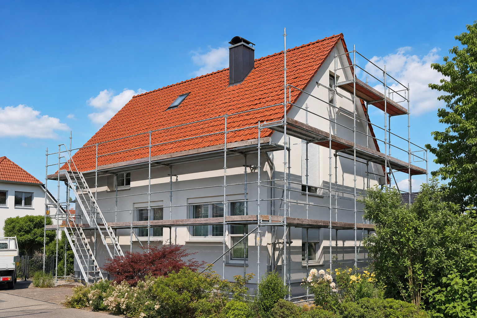 Ordentlich aufgebautes Gerüst an einem Wohnhaus mit rotem Ziegeldach