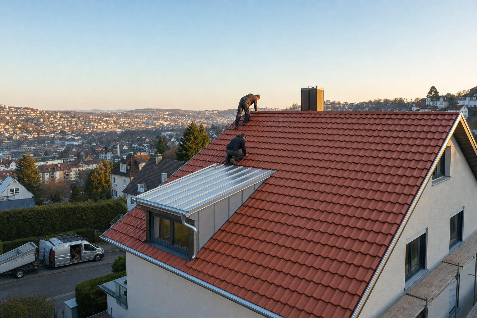 Frisch eingedecktes Steildach mit roten Tonziegeln in Stuttgarter Hanglage