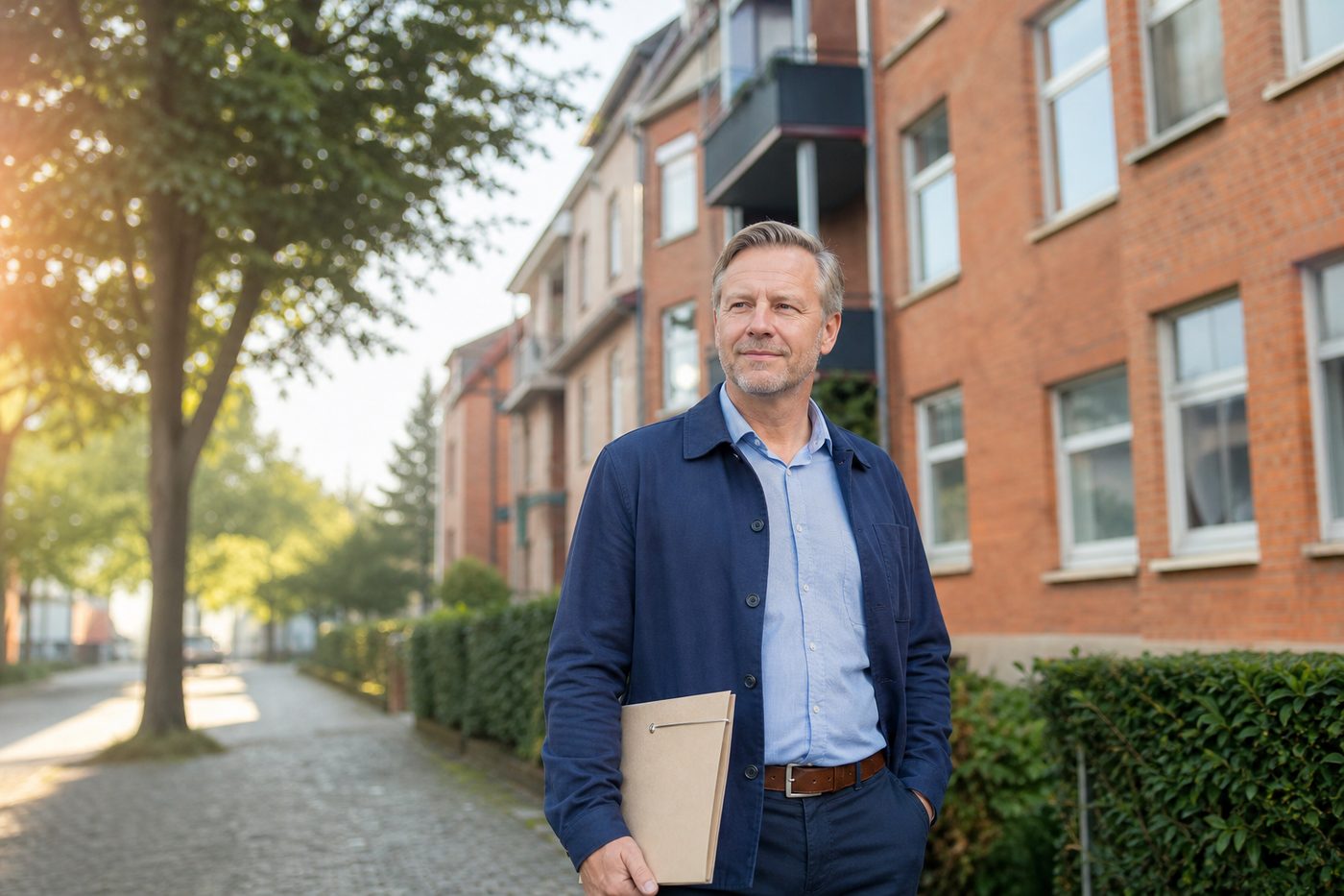 Vermieter vor seinem Mehrfamilienhaus