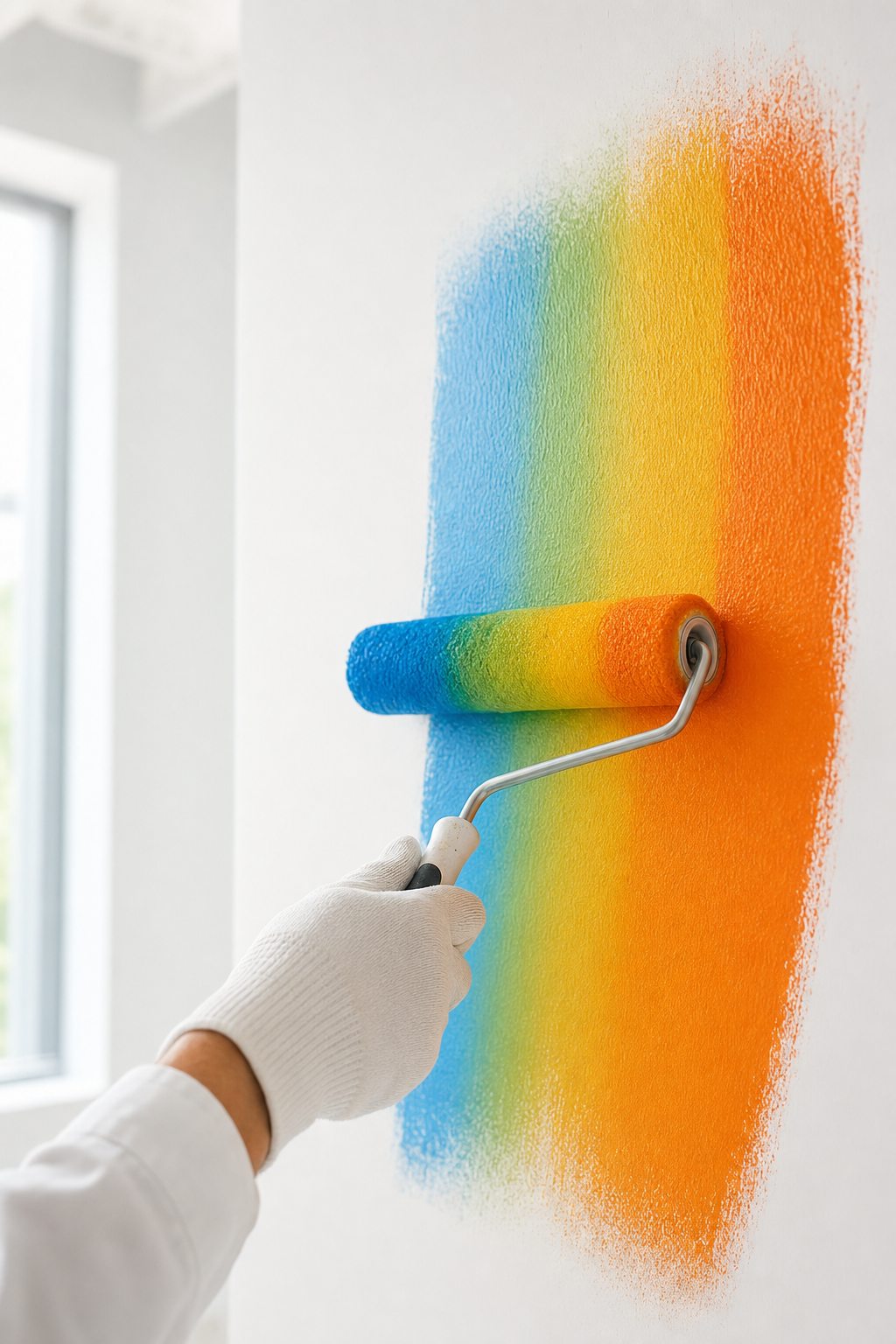 Farbrolle zieht einen Regenbogen-Farbverlauf über eine weiße Wand