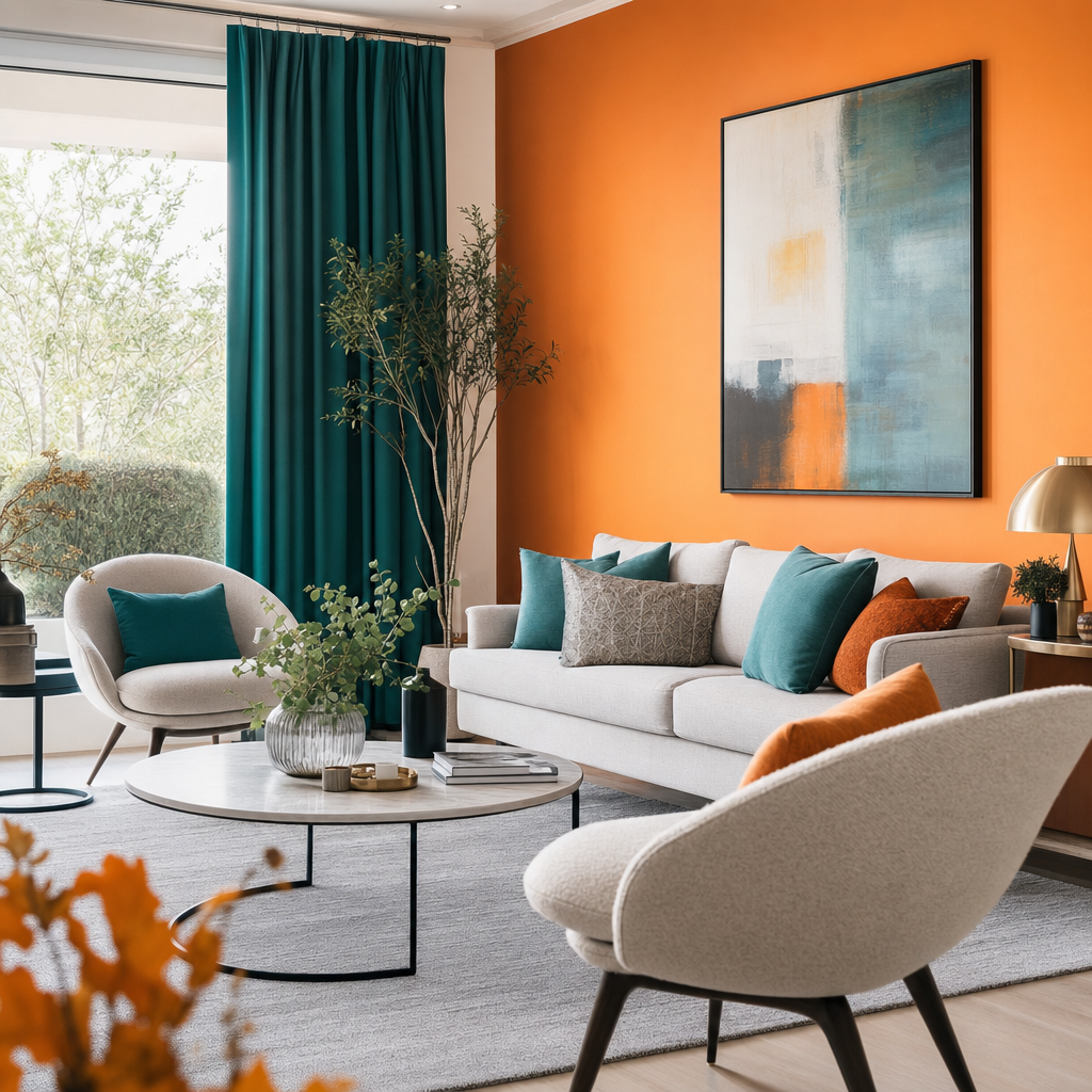 Farbige Lounge mit Orange-Wand