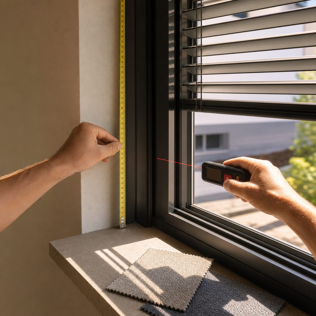 Aufmaß an einer Fensterlaibung mit Maßband und Stoffmustern