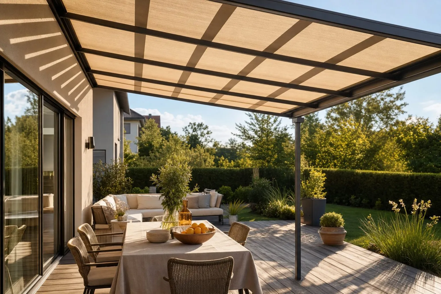 Terrasse eines Wohnhauses mit ausgefahrener Kassettenmarkise im Sommer