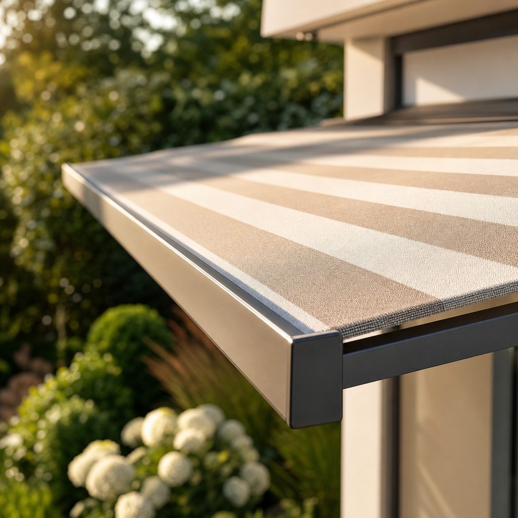 Ausgefahrene Kassettenmarkise mit sandfarbenem Tuch über einer Terrasse im Abendlicht