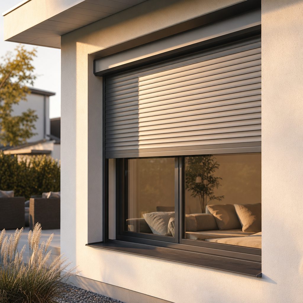 Aluminium-Rollladen halb heruntergelassen an einem großen Wohnzimmerfenster