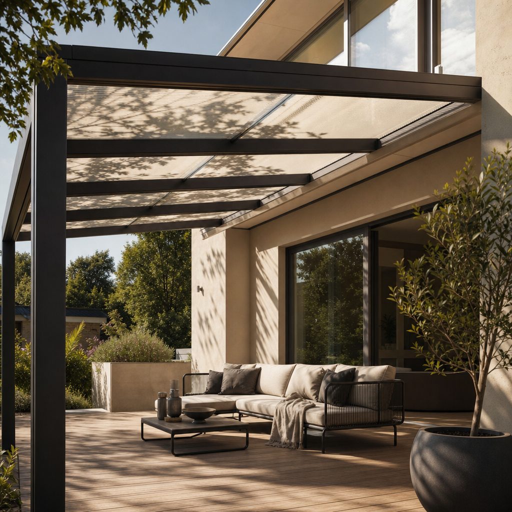 Terrassenüberdachung aus Aluminium und Glas an einem modernen Wohnhaus