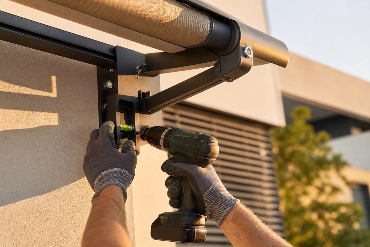 Handwerkerhände montieren die Halterung einer Markise an der Hauswand
