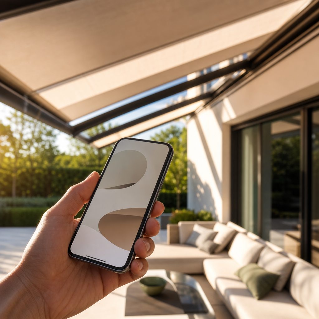 Hand bedient eine Markise per Smartphone auf einer sonnigen Terrasse