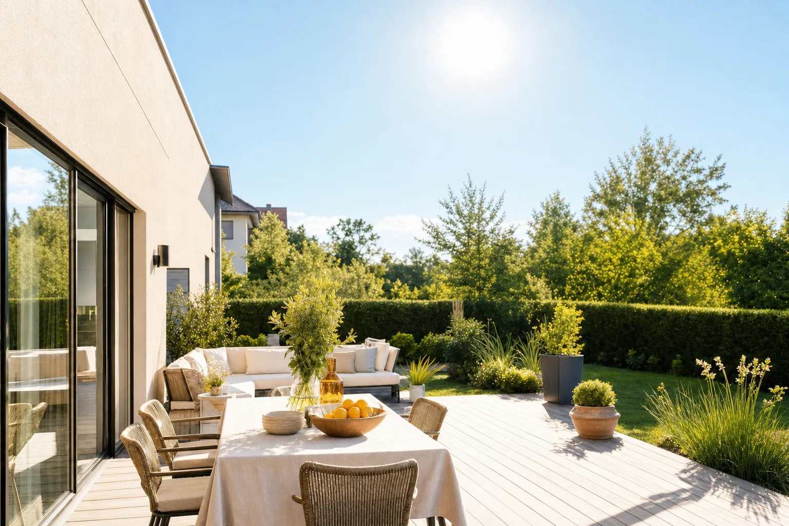 Terrasse ohne Beschattung in praller Mittagssonne