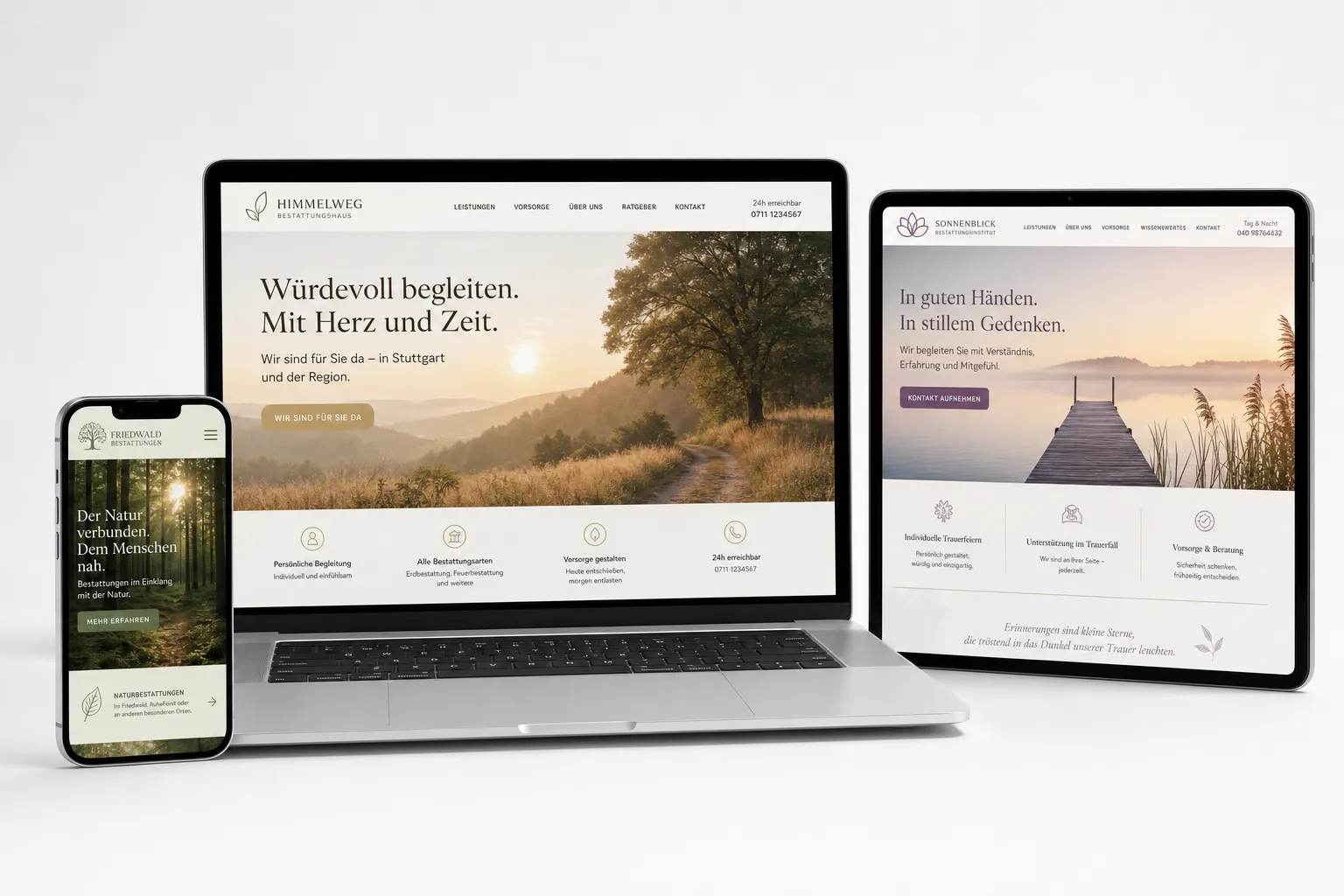 Bestatter-Webseiten von Webnamic auf MacBook, Tablet und Smartphone