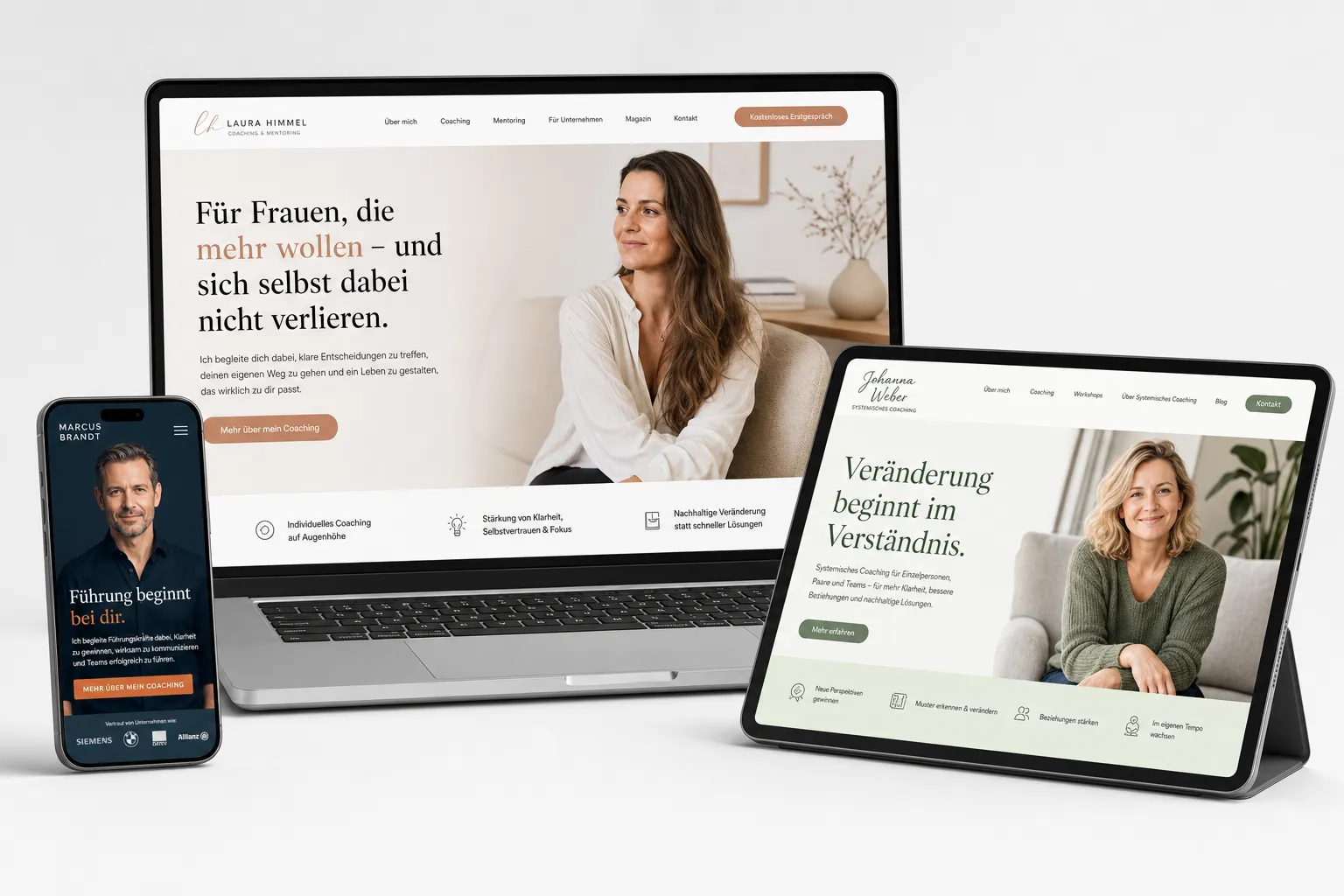 Coaching-Webseiten von Webnamic auf MacBook, Tablet und Smartphone