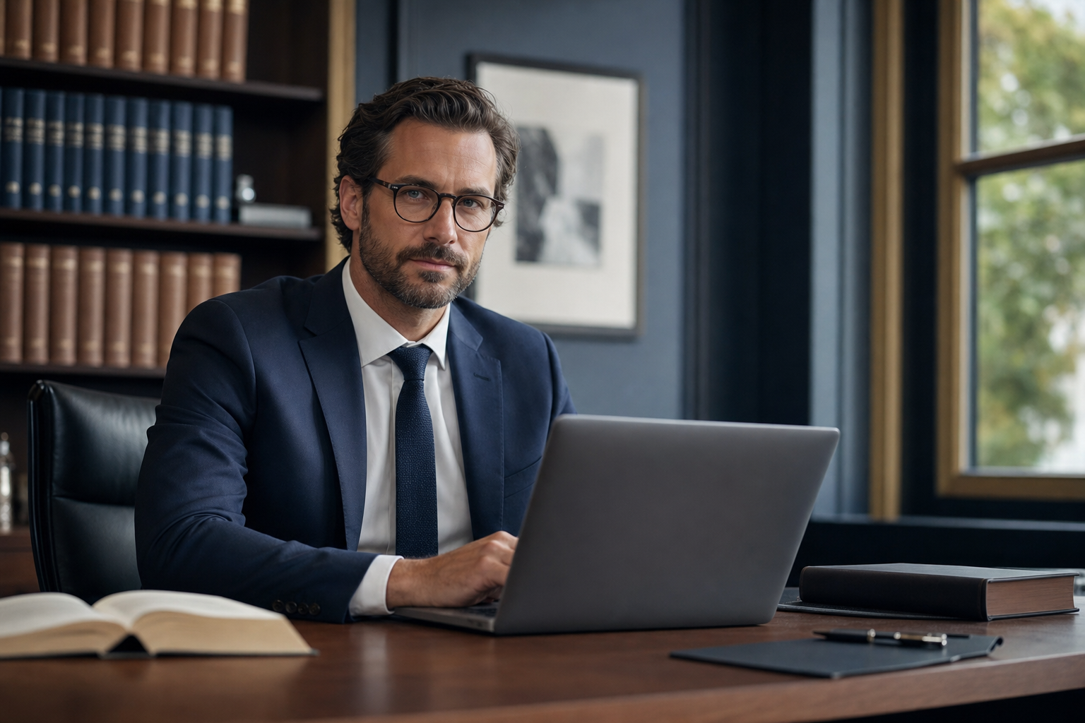 Anwalt an einem Schreibtisch mit einer seriösen Kanzlei-Website auf dem Laptop