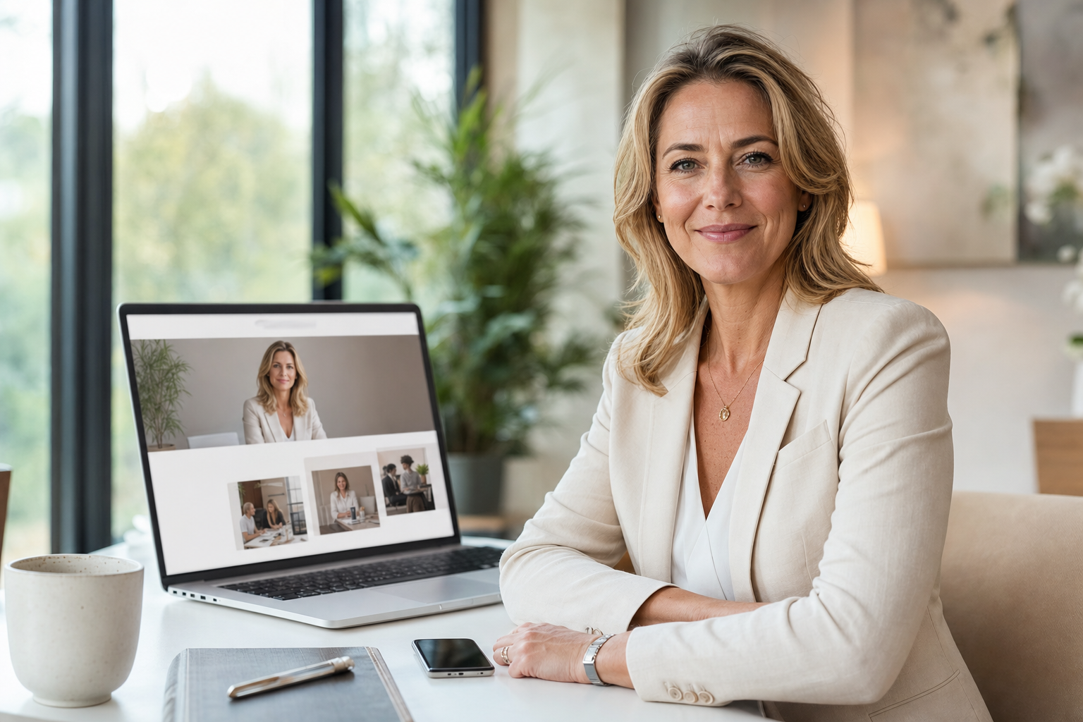 Business-Coach mit Laptop und einer modernen Personal-Brand-Website