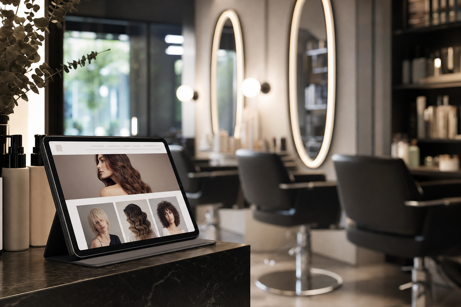 Tablet mit einer stilvollen Friseursalon-Website in einem modernen Salon