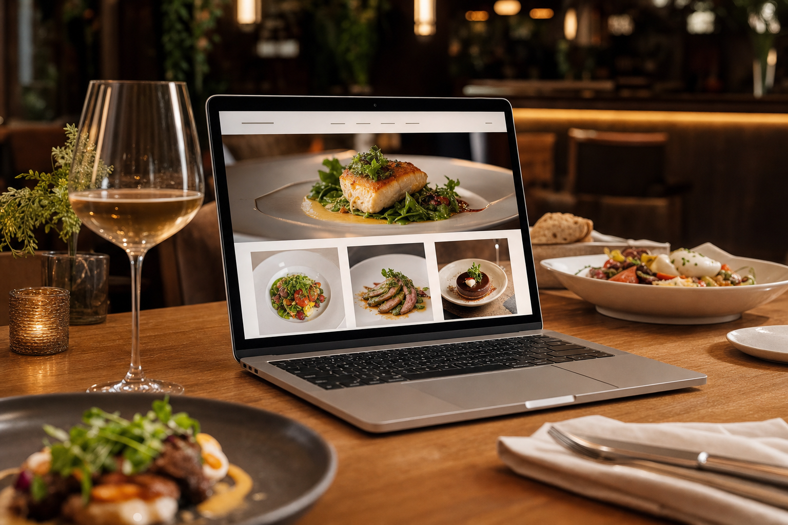 Laptop mit appetitlicher Restaurant-Website in einem warmen Gastraum