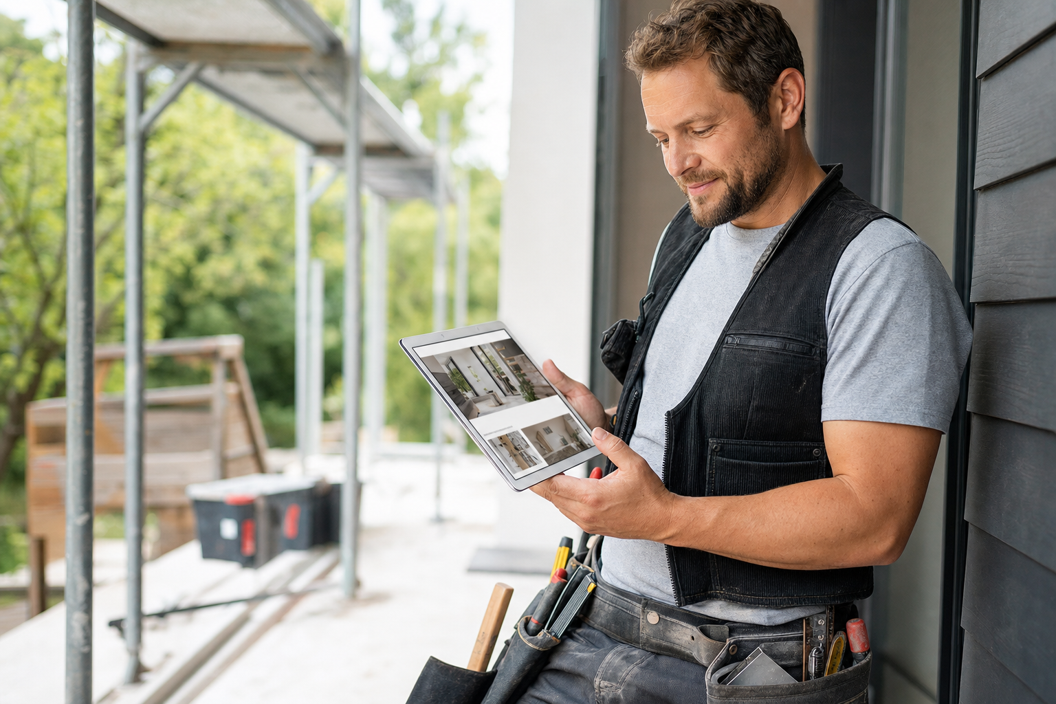 Handwerker betrachtet eine moderne Betriebs-Website auf einem Tablet