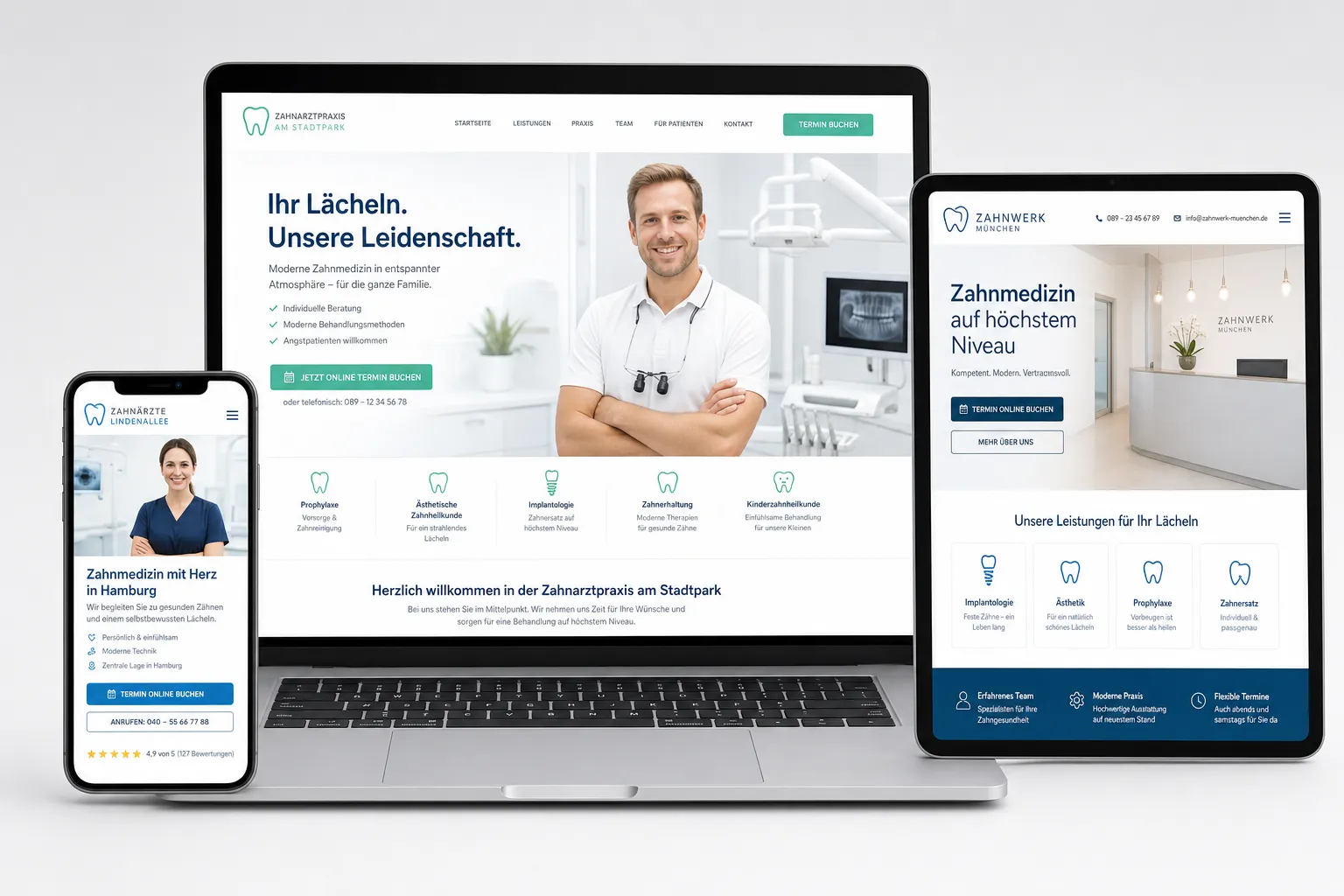 Zahnarzt-Webseiten von Webnamic auf MacBook, Tablet und Smartphone