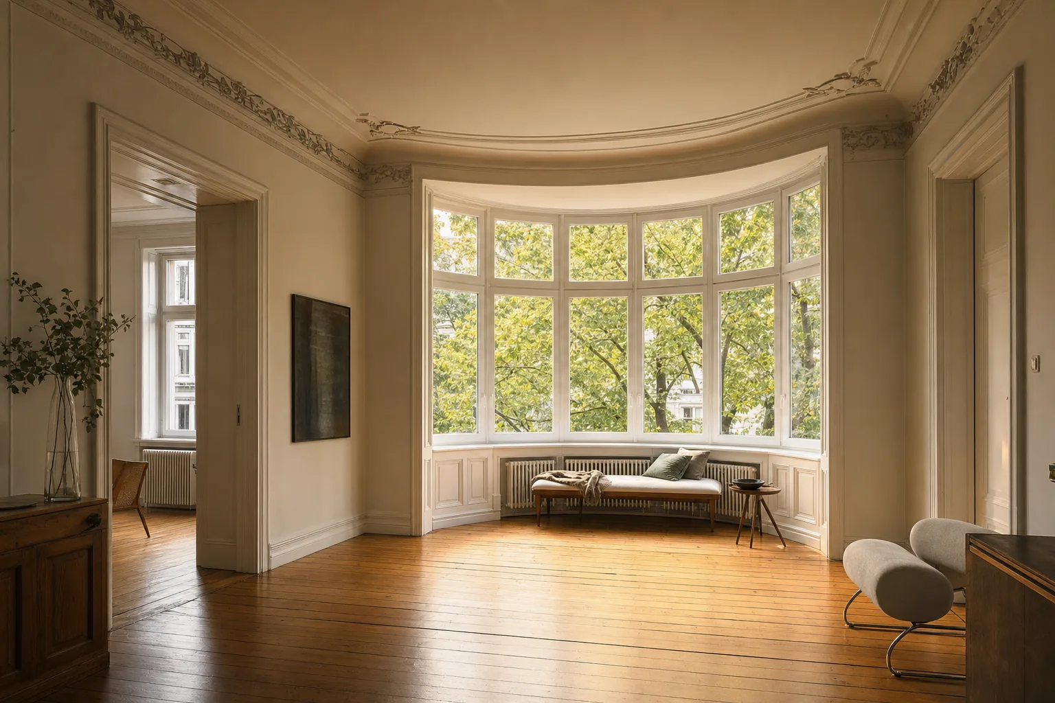 Jugendstil-Erkerzimmer mit Pitchpine-Dielen und Blick in eine Platanenallee