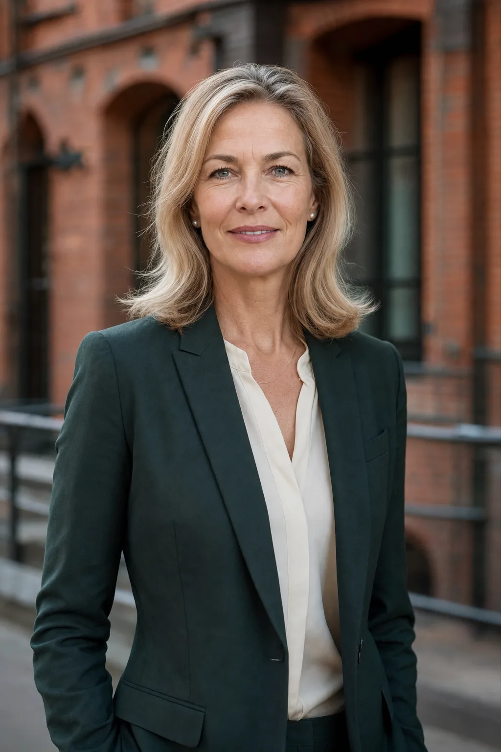 Friederike Holmberg, Inhaberin von Holmberg Immobilien, vor der Bürofassade in der Gertigstraße