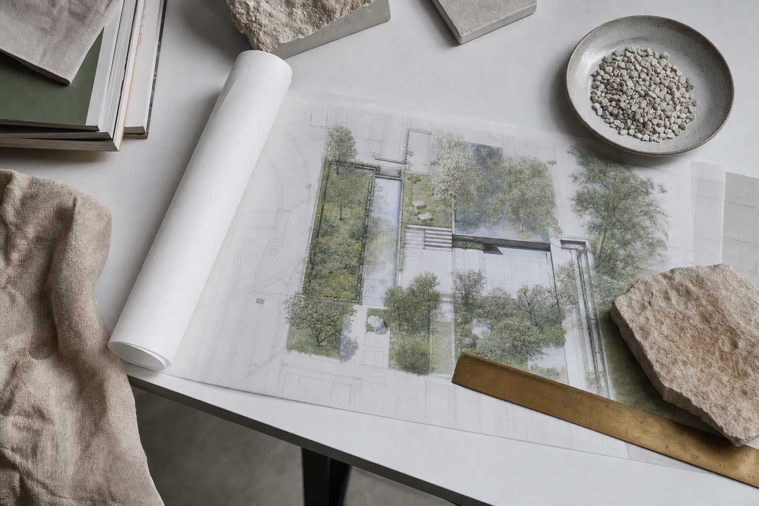 Gartenplan mit Natursteinmuster und Messinglineal auf hellem Arbeitstisch