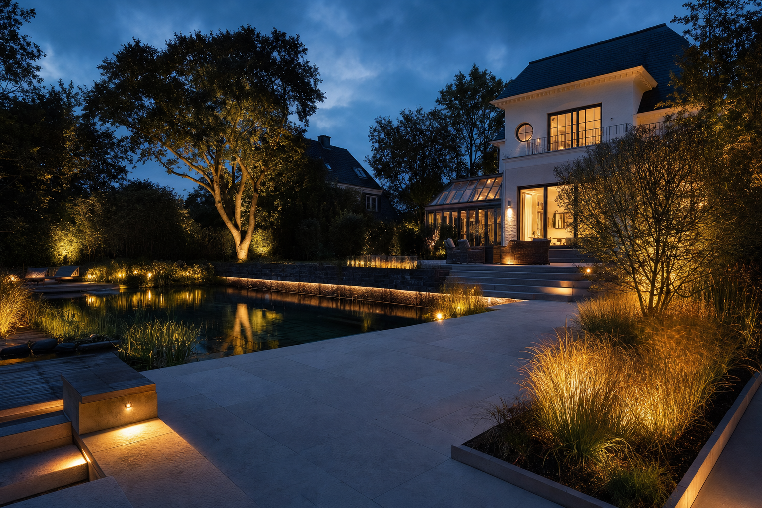 Privatgarten zur blauen Stunde: Kalksteinterrasse, Gartenbeleuchtung, Naturpool