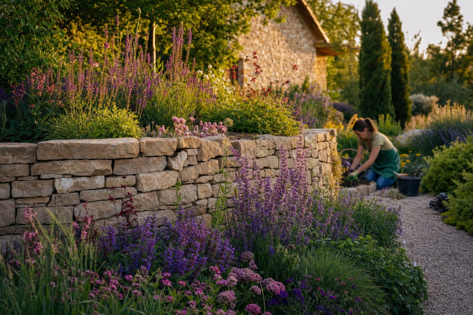 Gestaffelter Staudengarten mit Trockenmauer im Abendlicht, Gärtner bei der Pflanzung