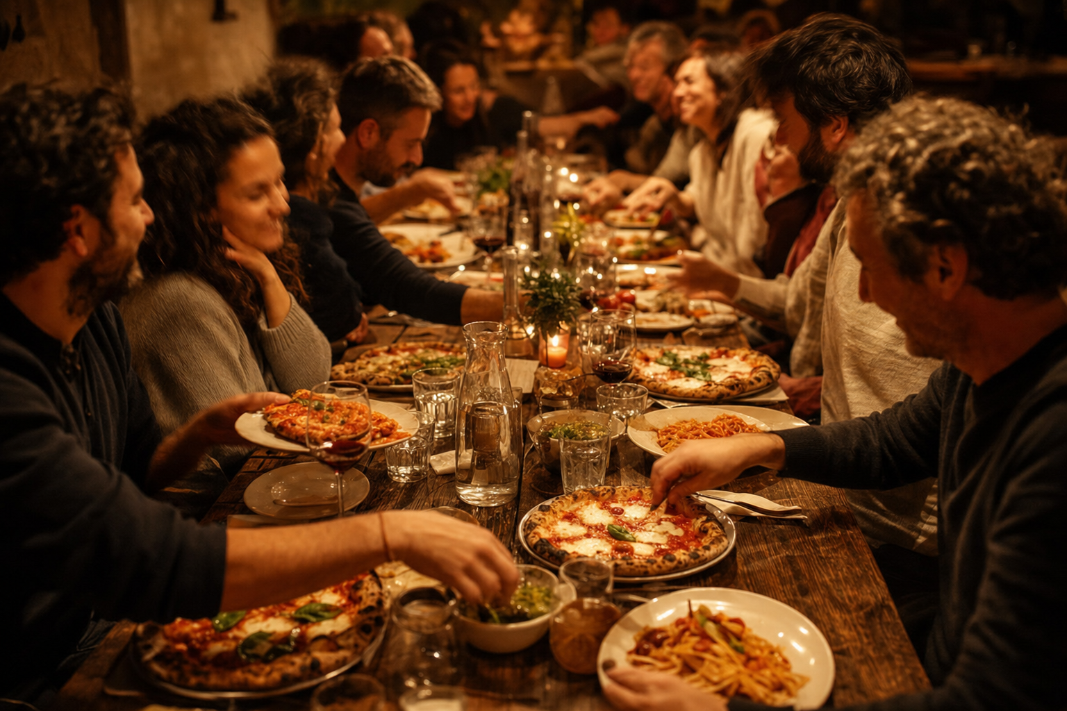 Voll gedeckter Familientisch in der Trattoria