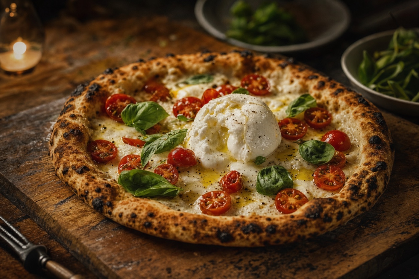 Neapolitanische Pizza mit Burrata und Kirschtomaten auf Holzbrett