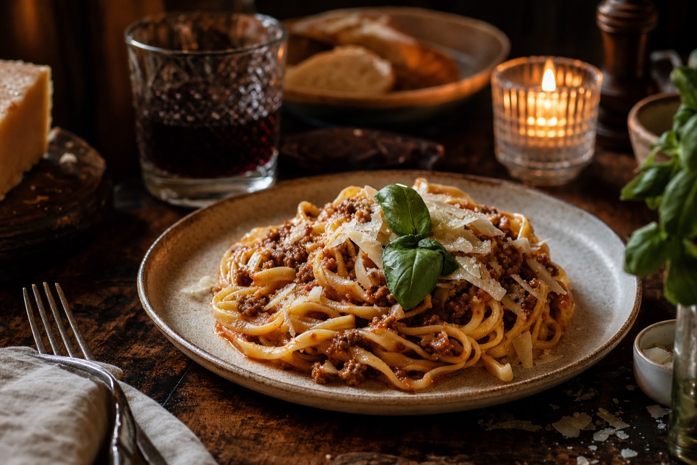 Hausgemachte Tagliatelle al Ragù mit Parmesan und Basilikum im Kerzenlicht