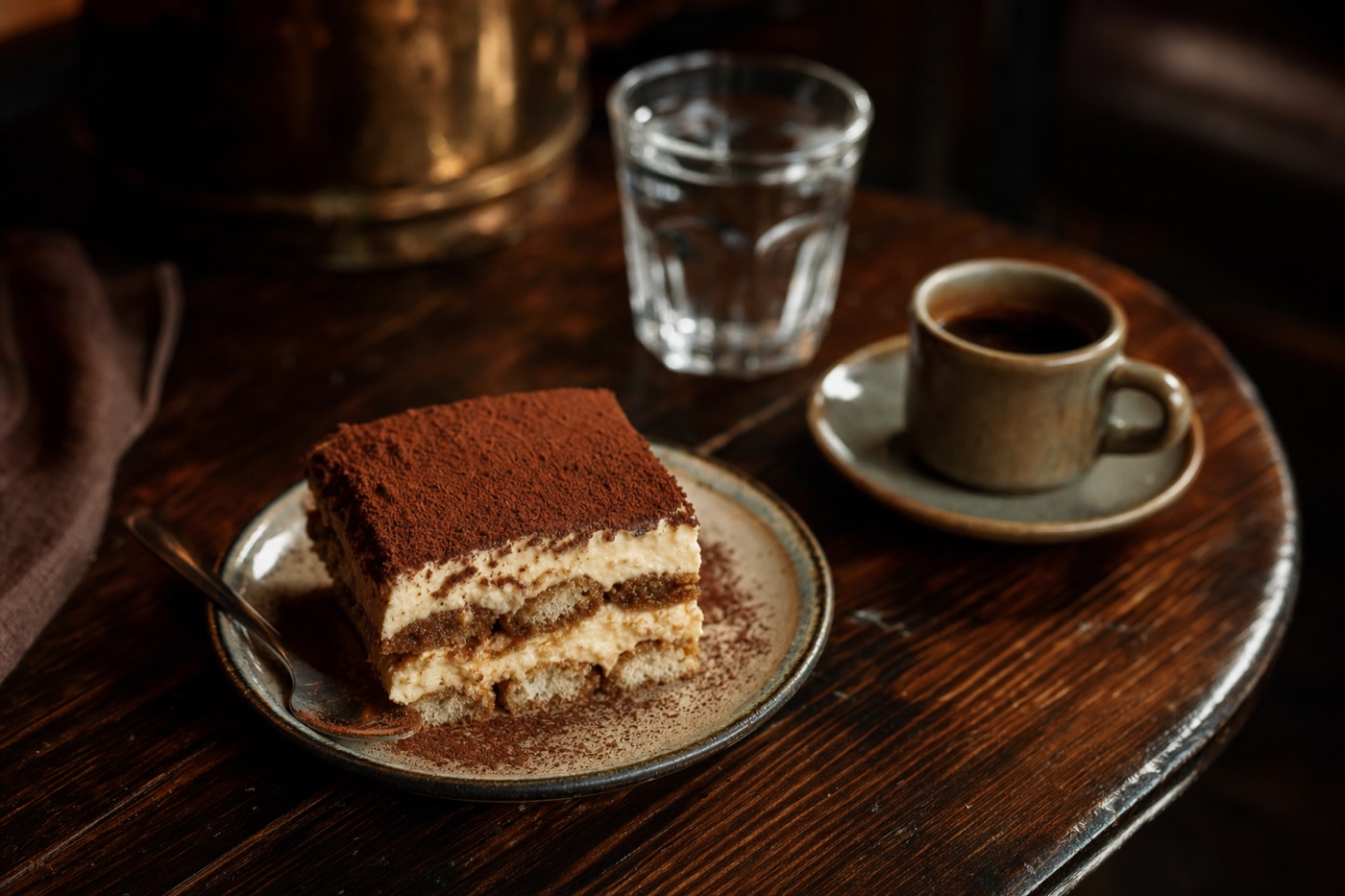 Klassisches Tiramisù mit Kakao und Espresso auf dunklem Holztisch
