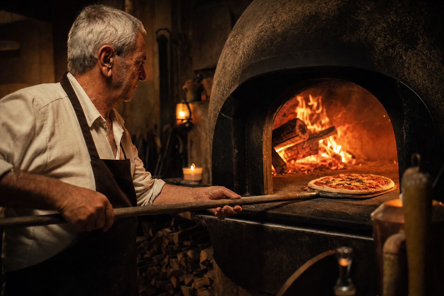 Salvatore Mancini schiebt eine Pizza in den lodernden Holzofen