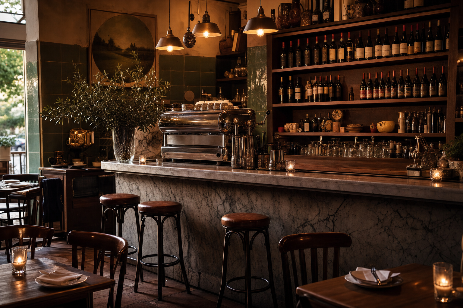 Marmortresen, Espressomaschine und Weinregal der Trattoria