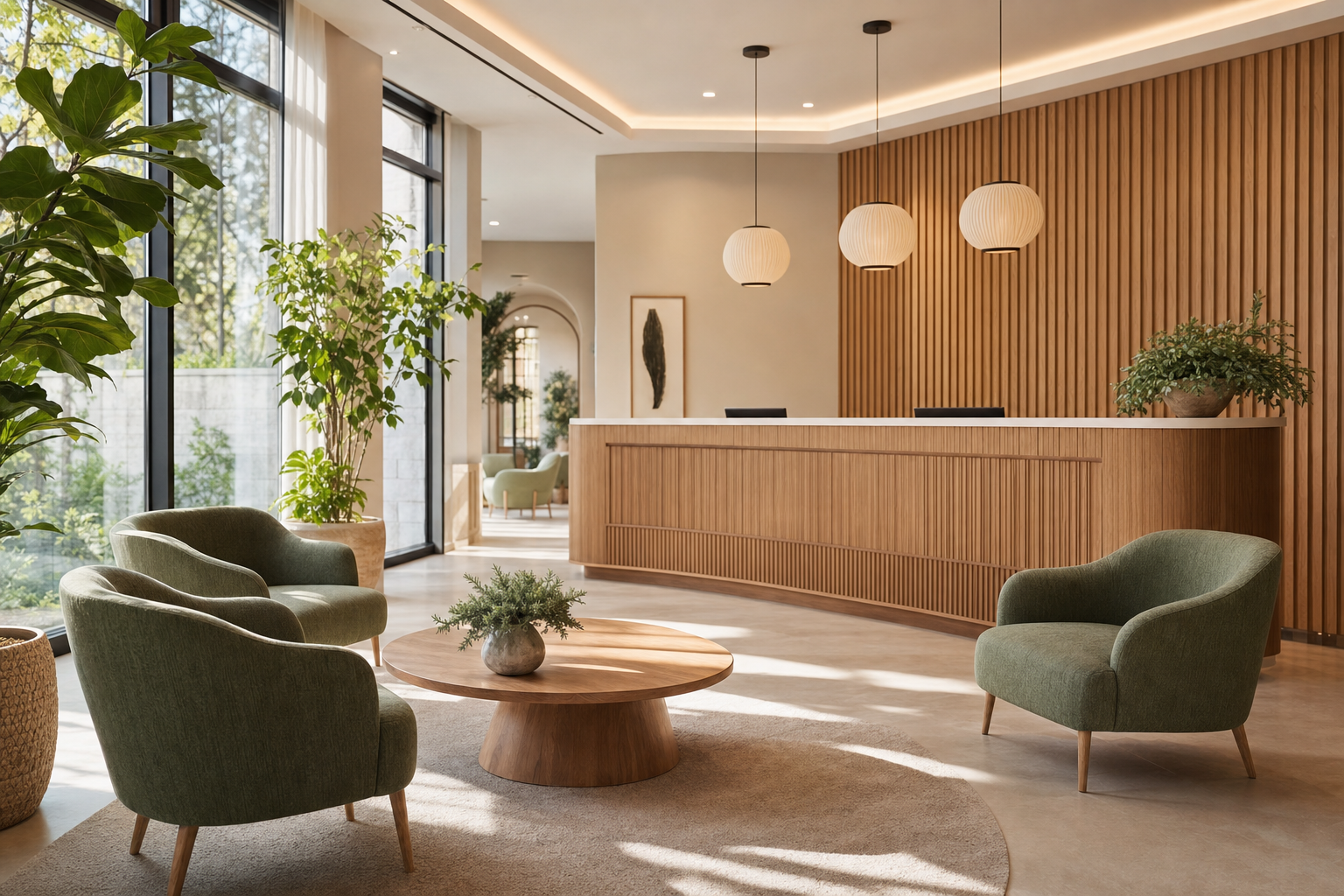 Empfangsbereich von NORDLICHT — warmes Eichenholz und Salbeigrün wie eine Hotellobby