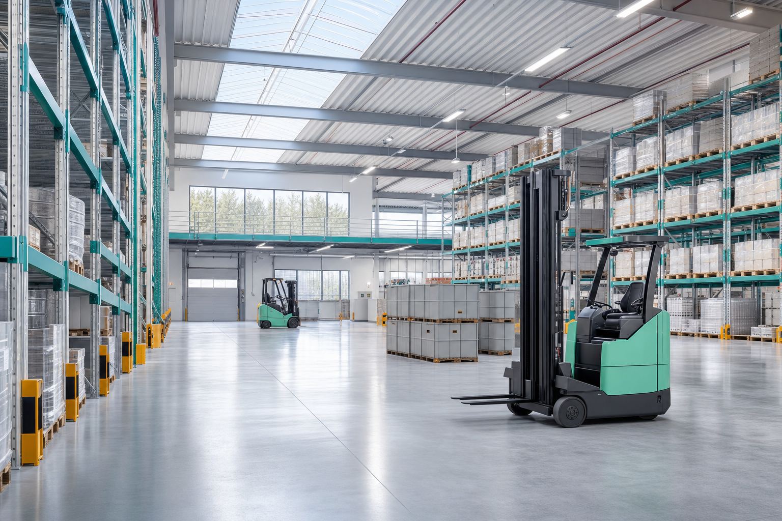 Saubere Logistikhalle mit Hochregalen und glänzendem Boden