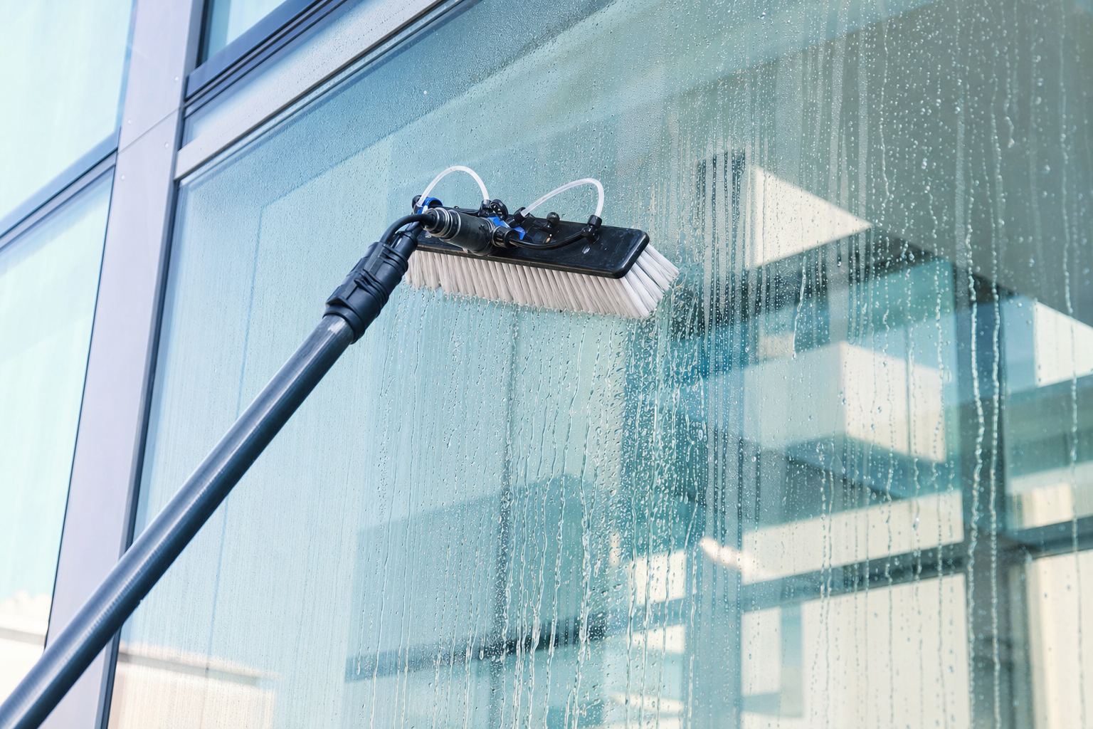 Glasreinigung mit Osmose-Wasser und Teleskopstange an einer großen Glasscheibe