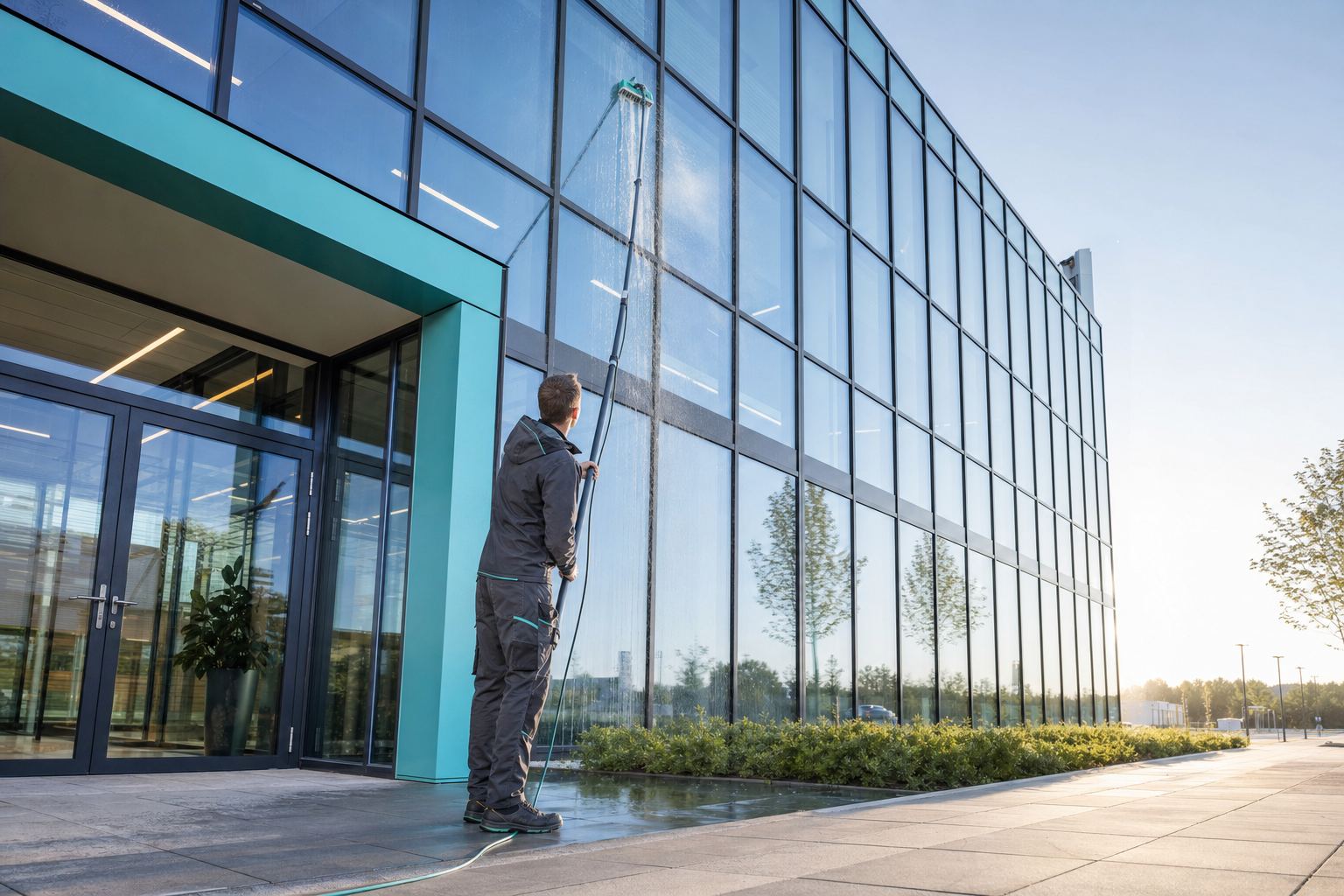 Fassadenreiniger reinigt die Glasfassade eines modernen Bürogebäudes mit Teleskopstange im Morgenlicht